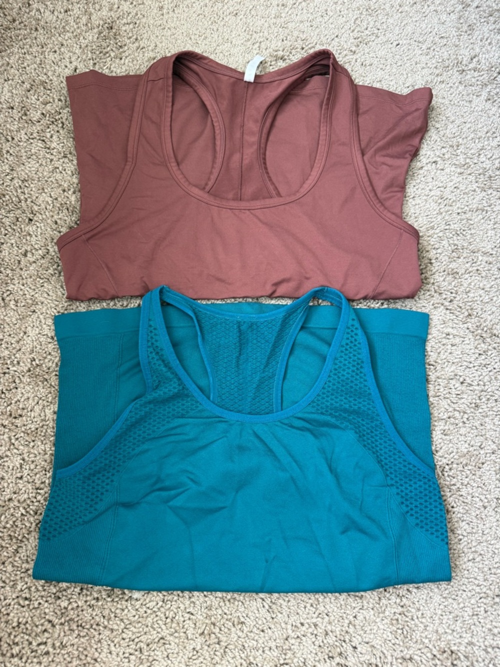 Fabletics Muscle Tee Tank Tops — Rust Brown & Teal
